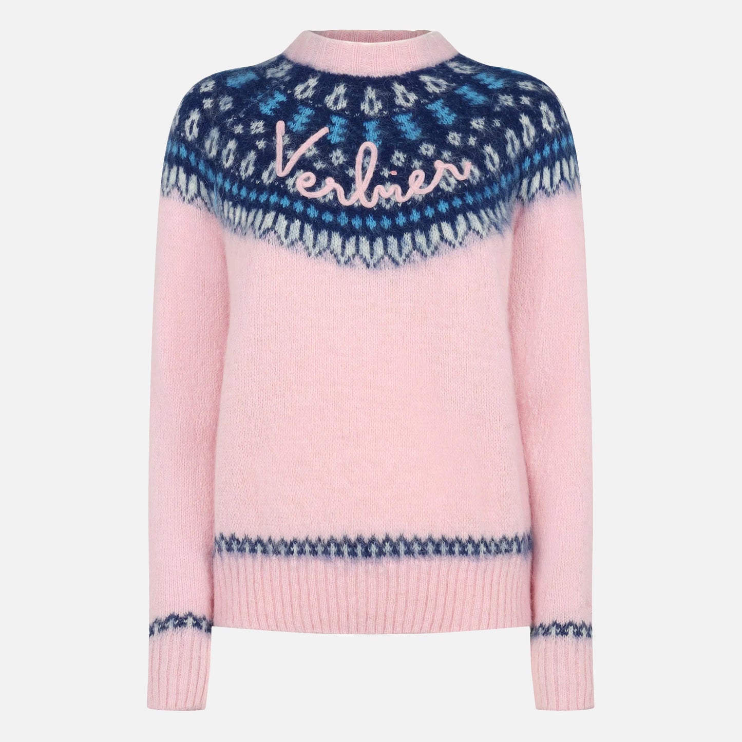 Rosafarbener Damen-Rundhalspullover aus nordischem Jacquard