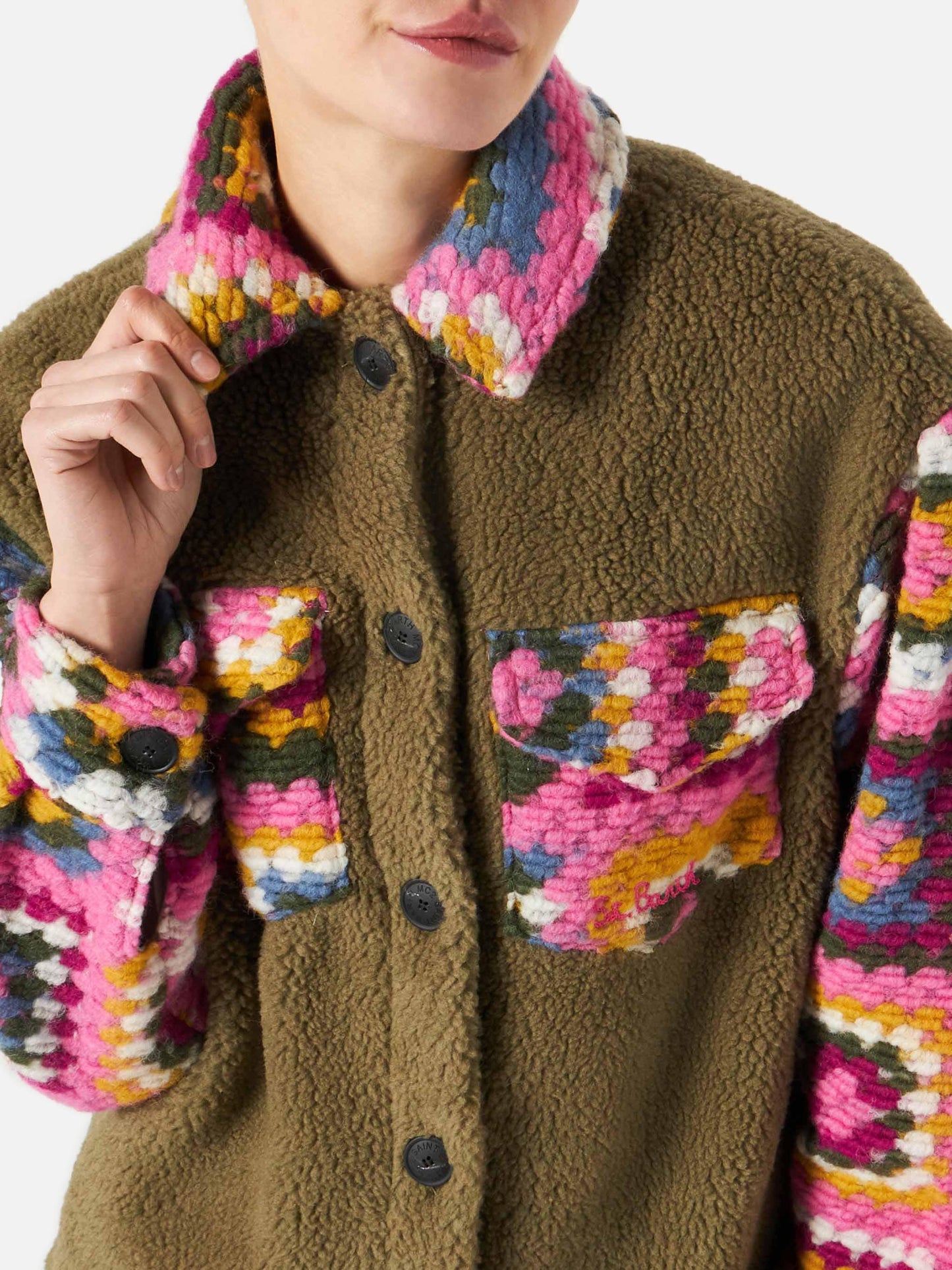 Damen-Sherpa-Overshirt mit Häkeldetails