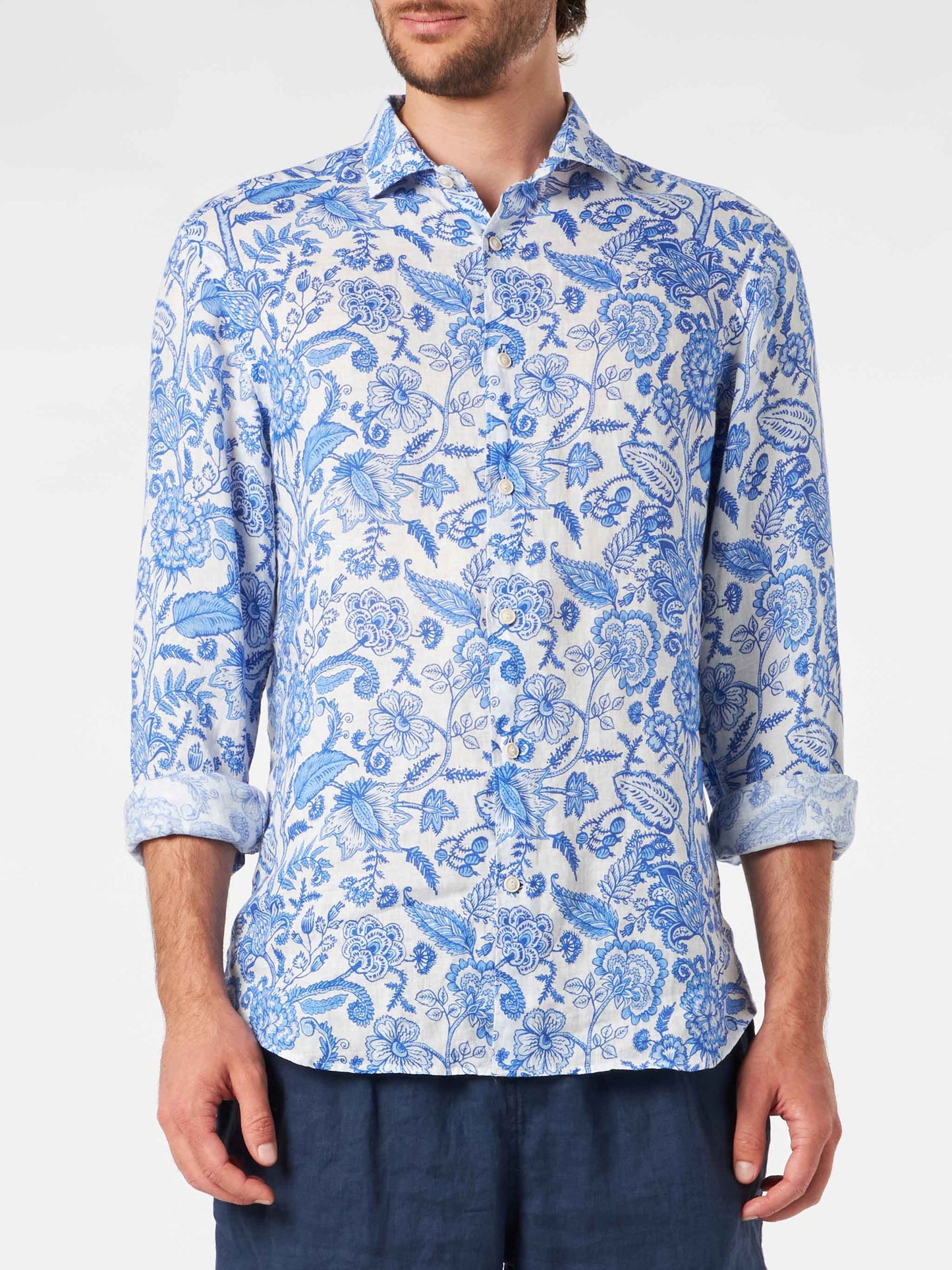 Man linen Pamplona shirt with flower print - MC2 Saint Barth