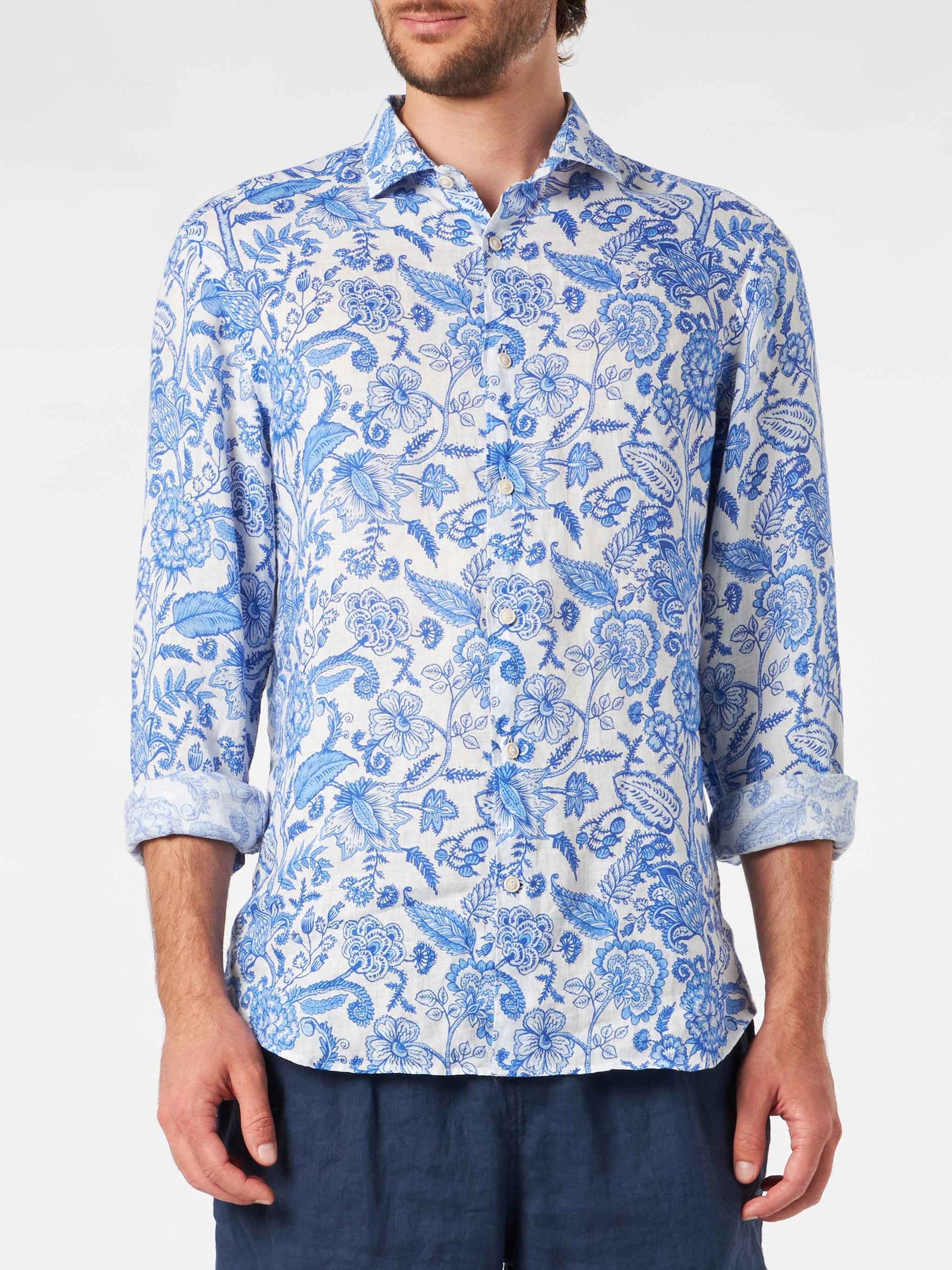 Man linen Pamplona shirt with flower print - MC2 Saint Barth