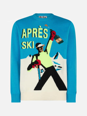 Man crewneck sweater with Après Ski postacard jacquard print