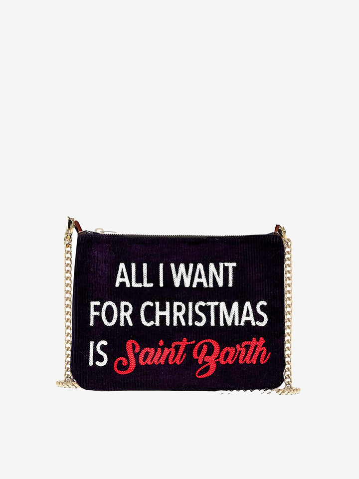 Parisienne velvet cross-body pouch bag with All I want for Christmas is Saint Barth embroidery - MC2 Saint Barth