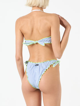 Woman seersucker bandeau bikini with striped print