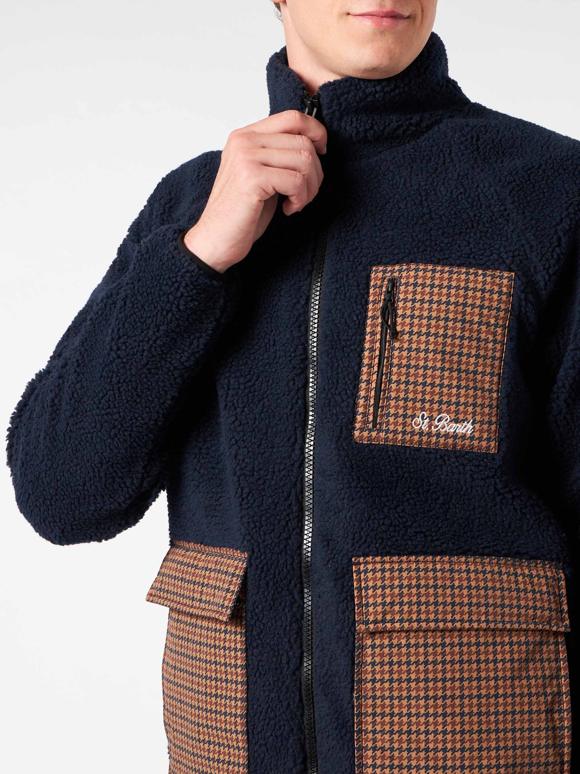 Man blue sherpa jacket with check patch pockets - MC2 Saint Barth