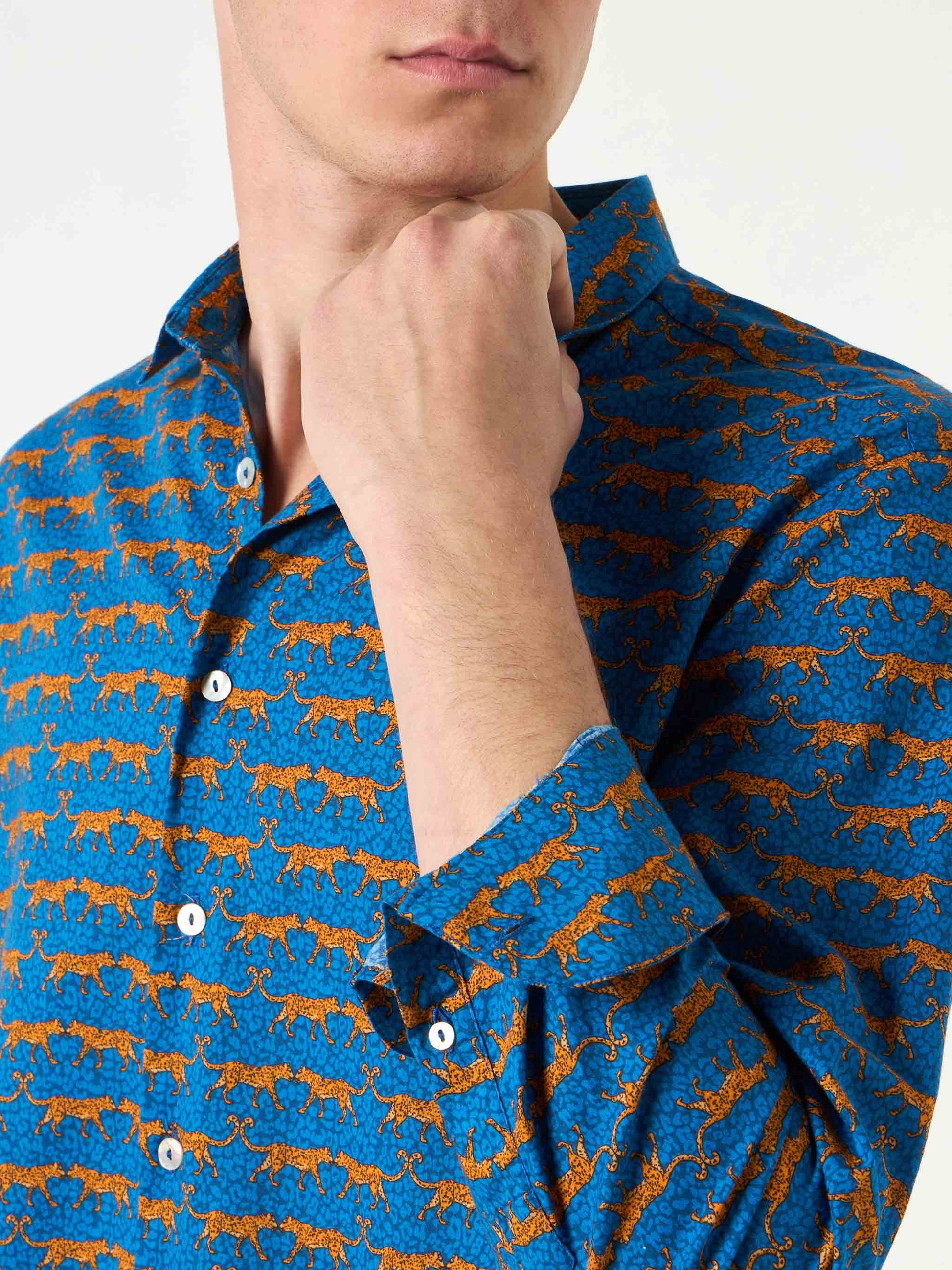 Man muslin cotton Sikelia shirt with wild cat print - MC2 Saint Barth