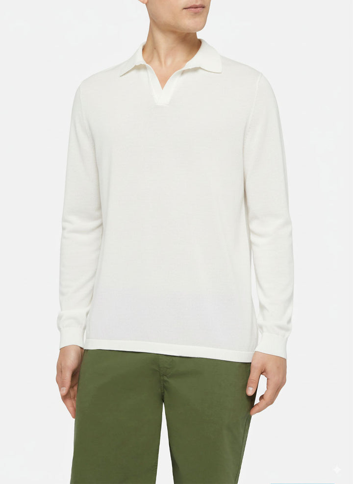 Sloan white buttonless knitted polo shirt with long sleeves