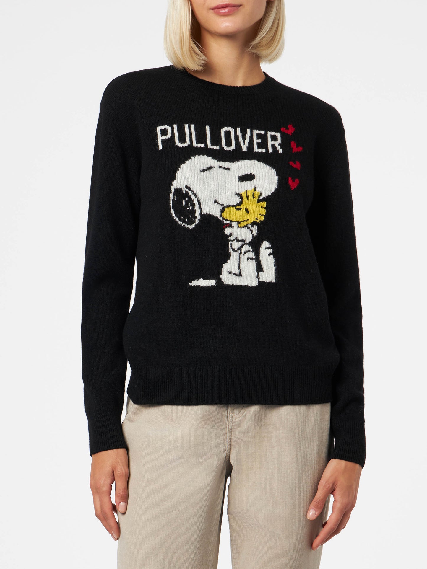 Woman crewneck black sweater with Snoopy and Woodstock print | SNOOPY PEANUTS™ SPECIAL EDITION