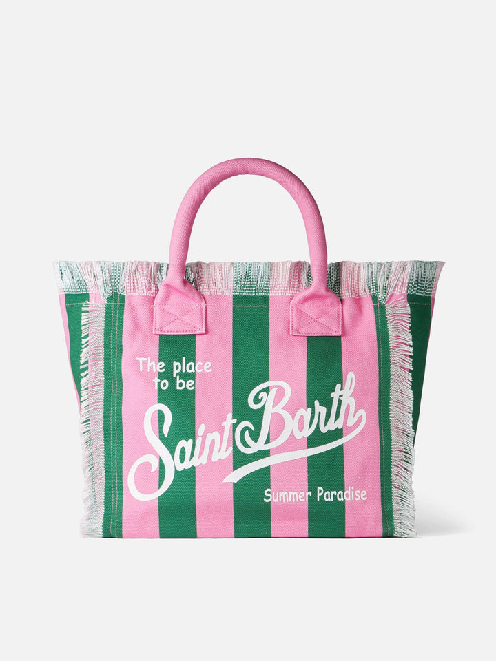 Borsa a spalla Vanity in canvas con righe rosa e verdi