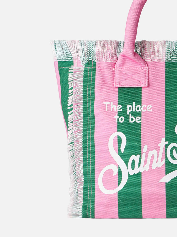 Borsa a spalla Vanity in canvas con righe rosa e verdi