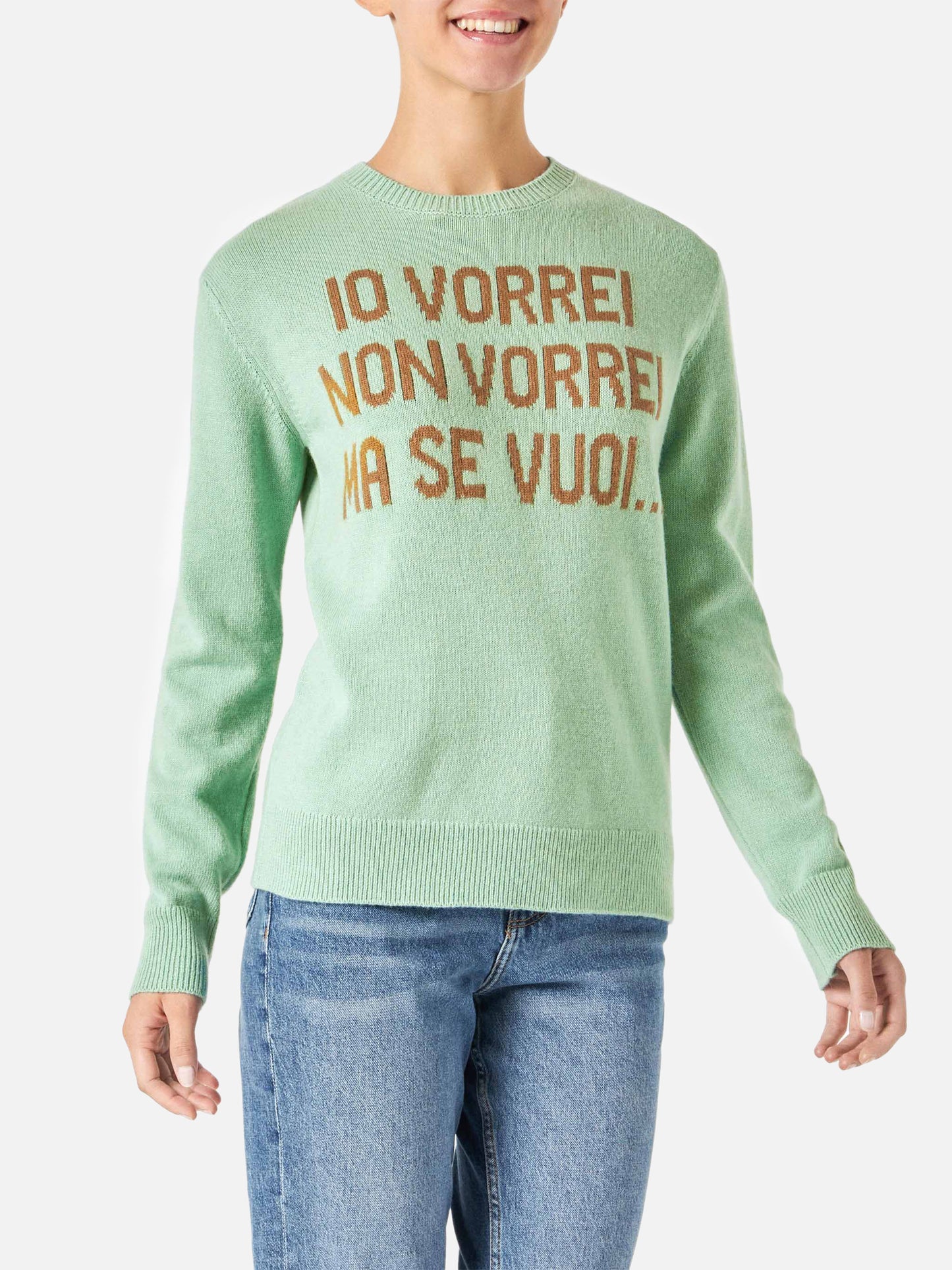 Maglione da donna verde con jacquard Vorrei non vorrei
