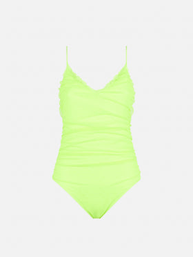 Fluo yellow one piece swimsuit Francoise with tulle - MC2 Saint Barth