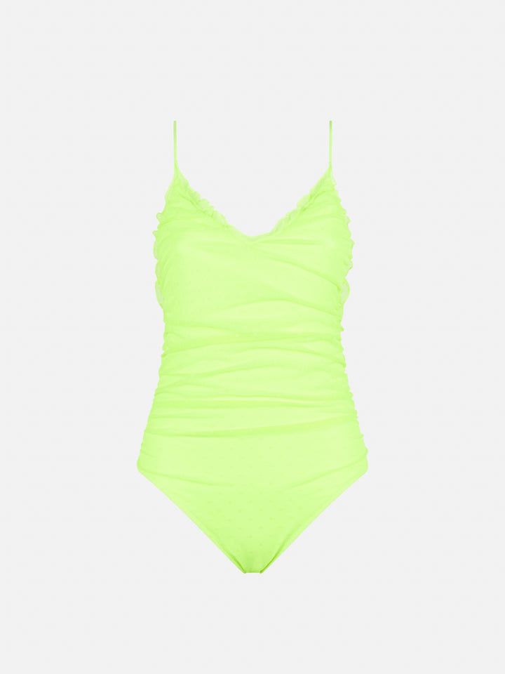 Fluo yellow one piece swimsuit Francoise with tulle - MC2 Saint Barth