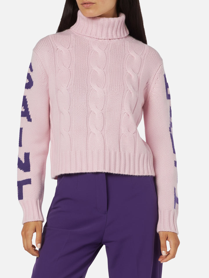 Rollkragenpullover für Damen mit Zopfmuster und Saint Barth-Jacquard