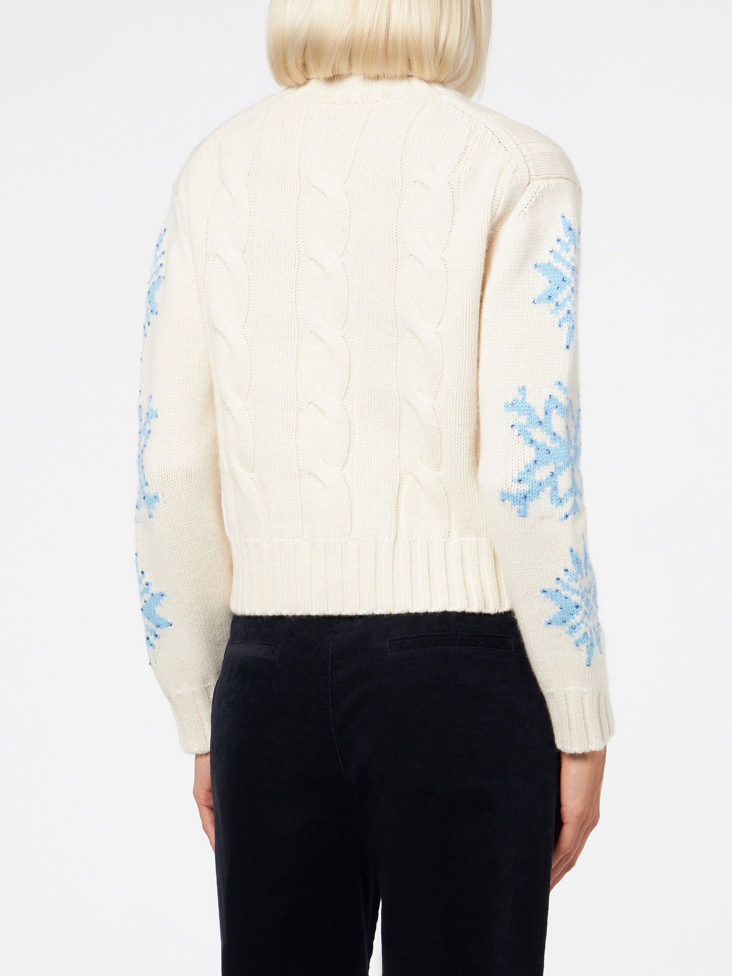 Maglione da donna intrecciato a collo alto con strass fiocco di neve