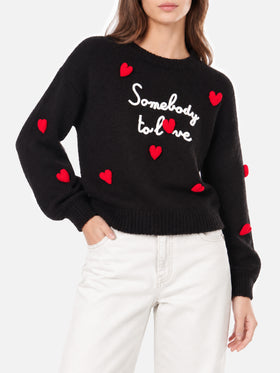 Maglione Danya Soft con ricamo Somebody to love e cuori crochet