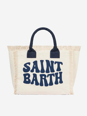 Schultertasche aus weißem Canvas Vanity mit blauem Groovy-Logo 