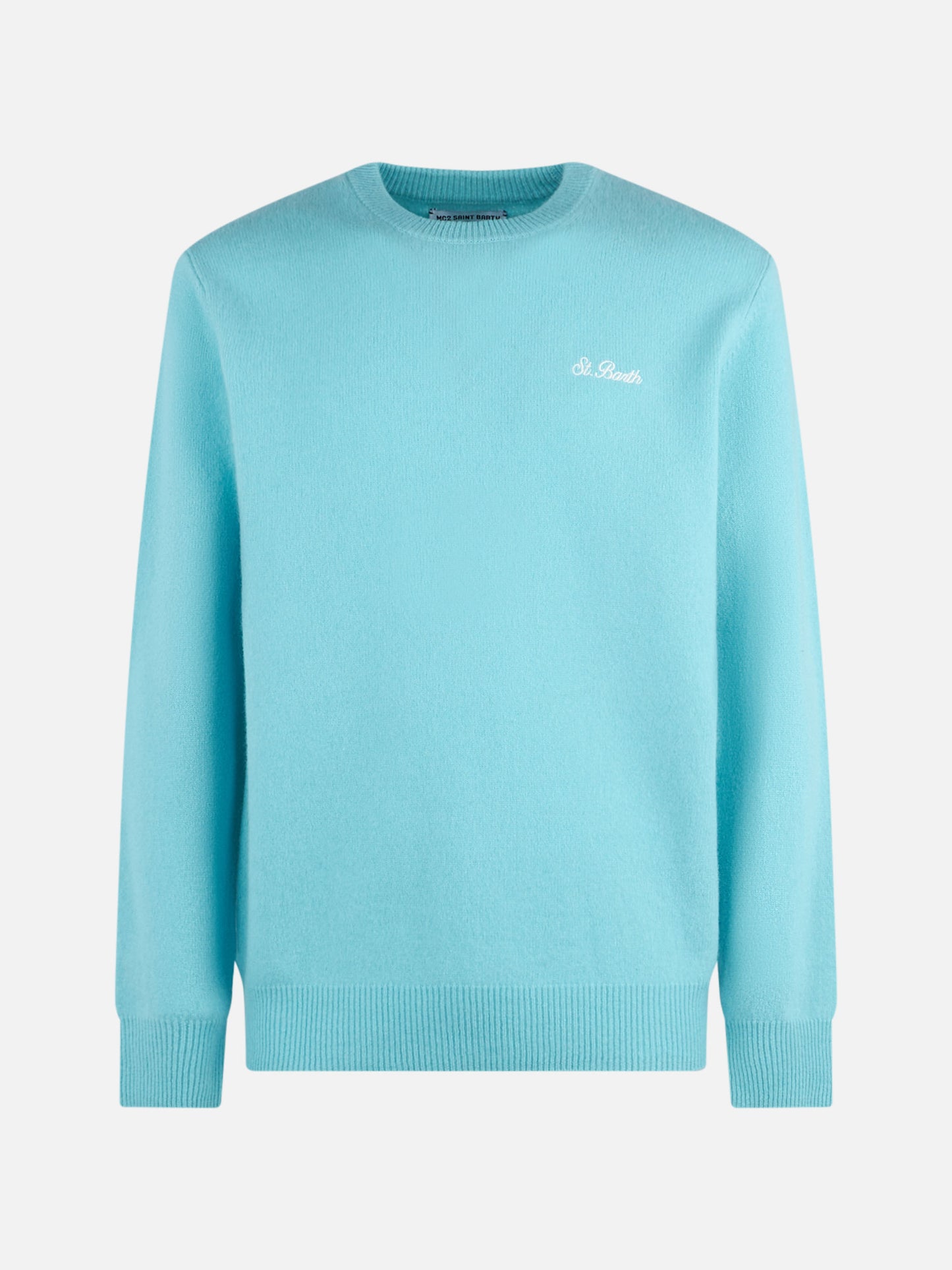 Wassergrüner Herrenpullover mit Rundhalsausschnitt und St. Barth-Stickerei