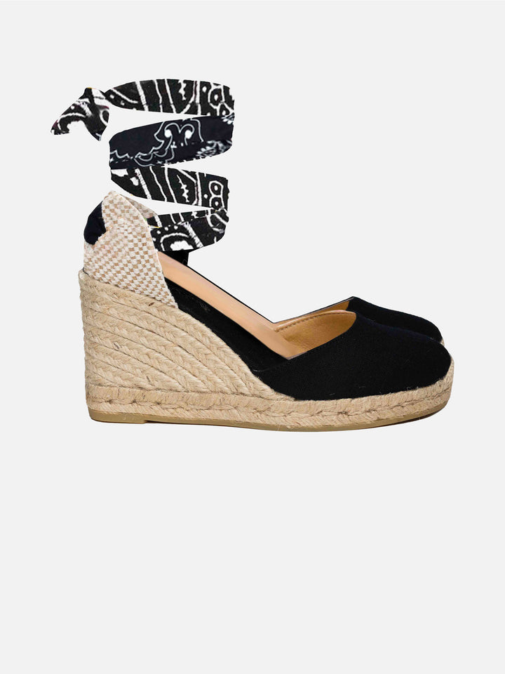 Black print canvas espadrillas with hight wedge and ankle lace - MC2 Saint Barth