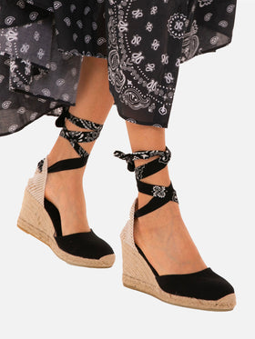 Black print canvas espadrillas with hight wedge and ankle lace - MC2 Saint Barth