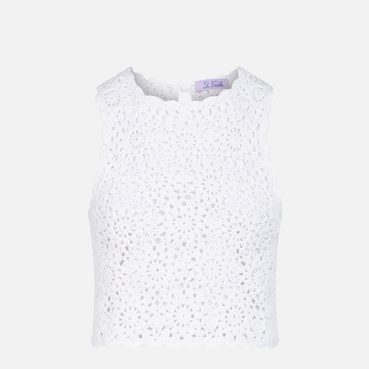 Medison white crochet halterneck top with flower pattern