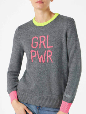 Woman grey sweater GIRL PWR fluo embroidery and fluo details - MC2 Saint Barth