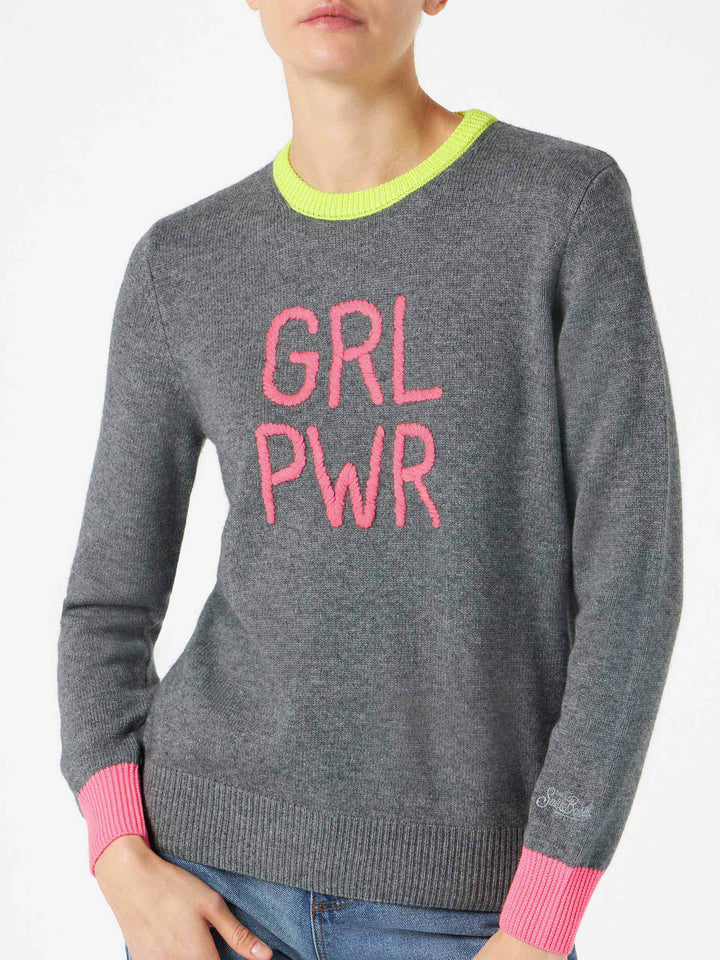 Woman grey sweater GIRL PWR fluo embroidery and fluo details - MC2 Saint Barth
