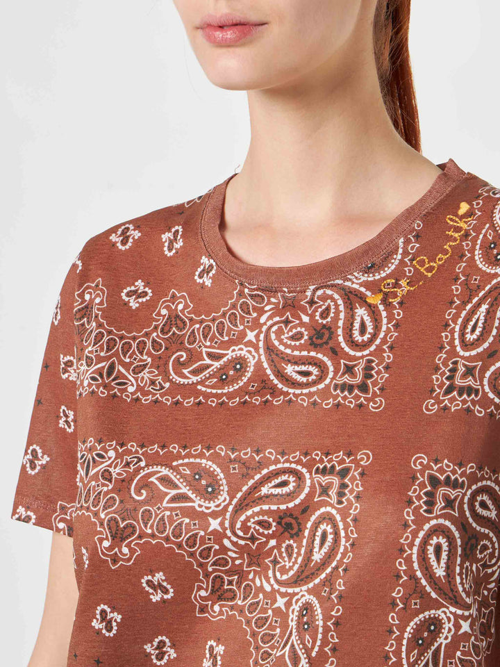 Woman linen t-shirt with bandanna print - MC2 Saint Barth