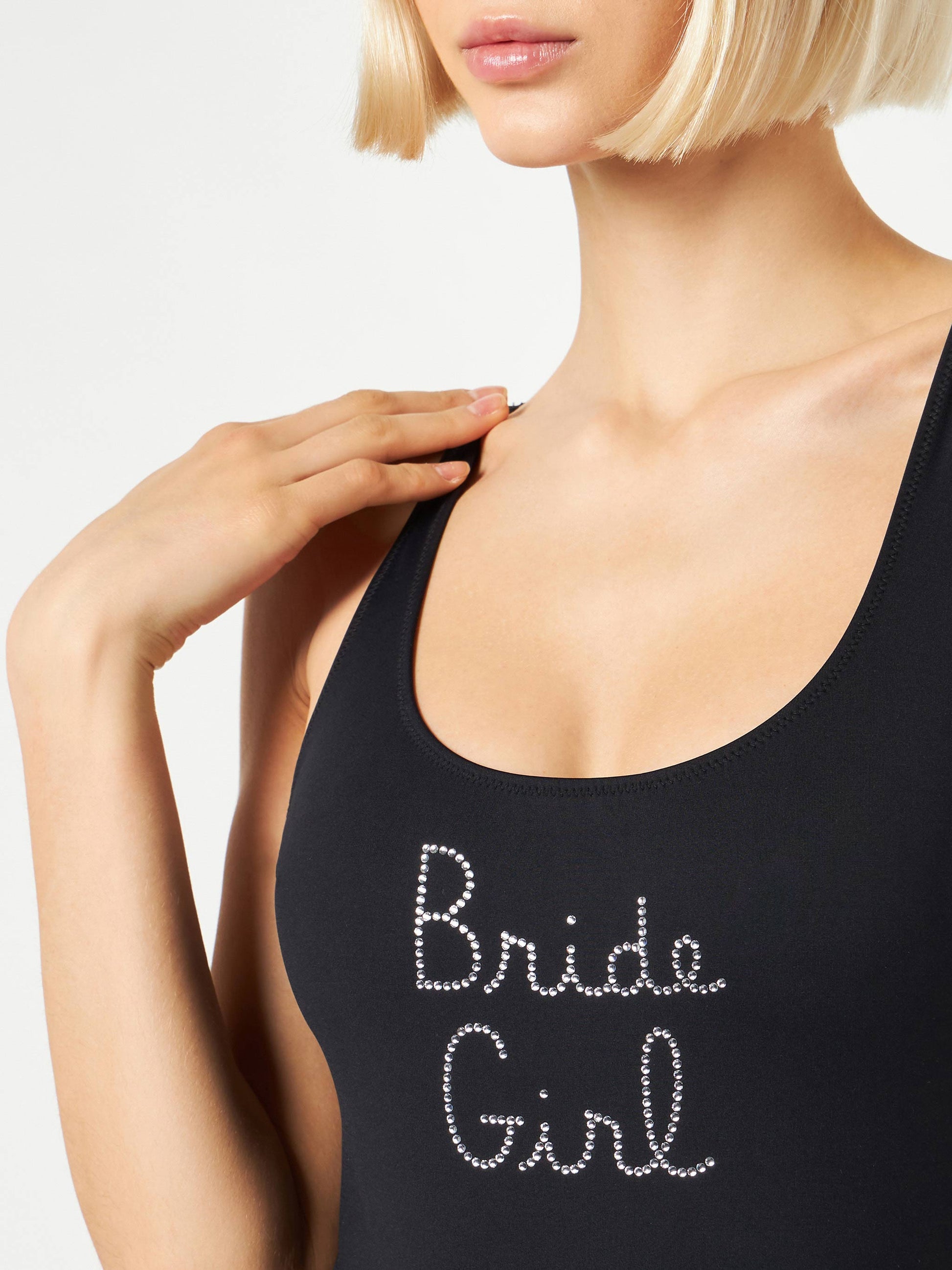 Woman one piece swimsuit with Bride Girl rhinestone embroidery - MC2 Saint Barth