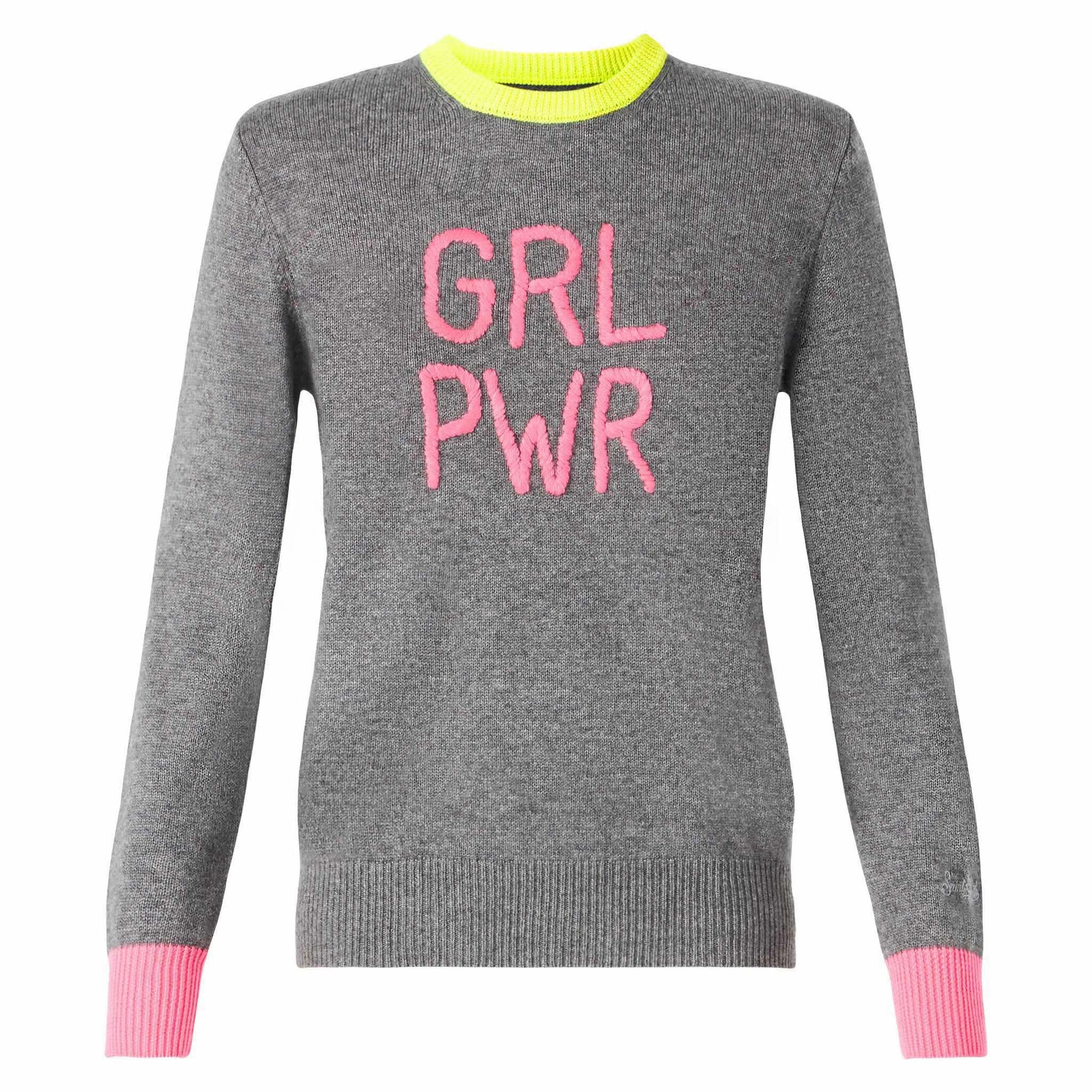 Woman grey sweater GIRL PWR fluo embroidery and fluo details - MC2 Saint Barth