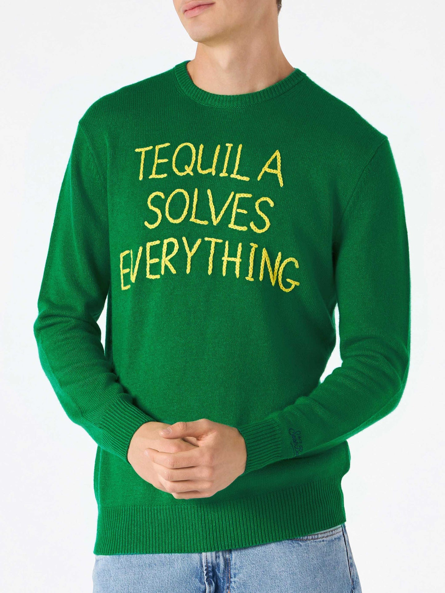 Man green sweater with Tequila solves everything embroidery - MC2 Saint Barth