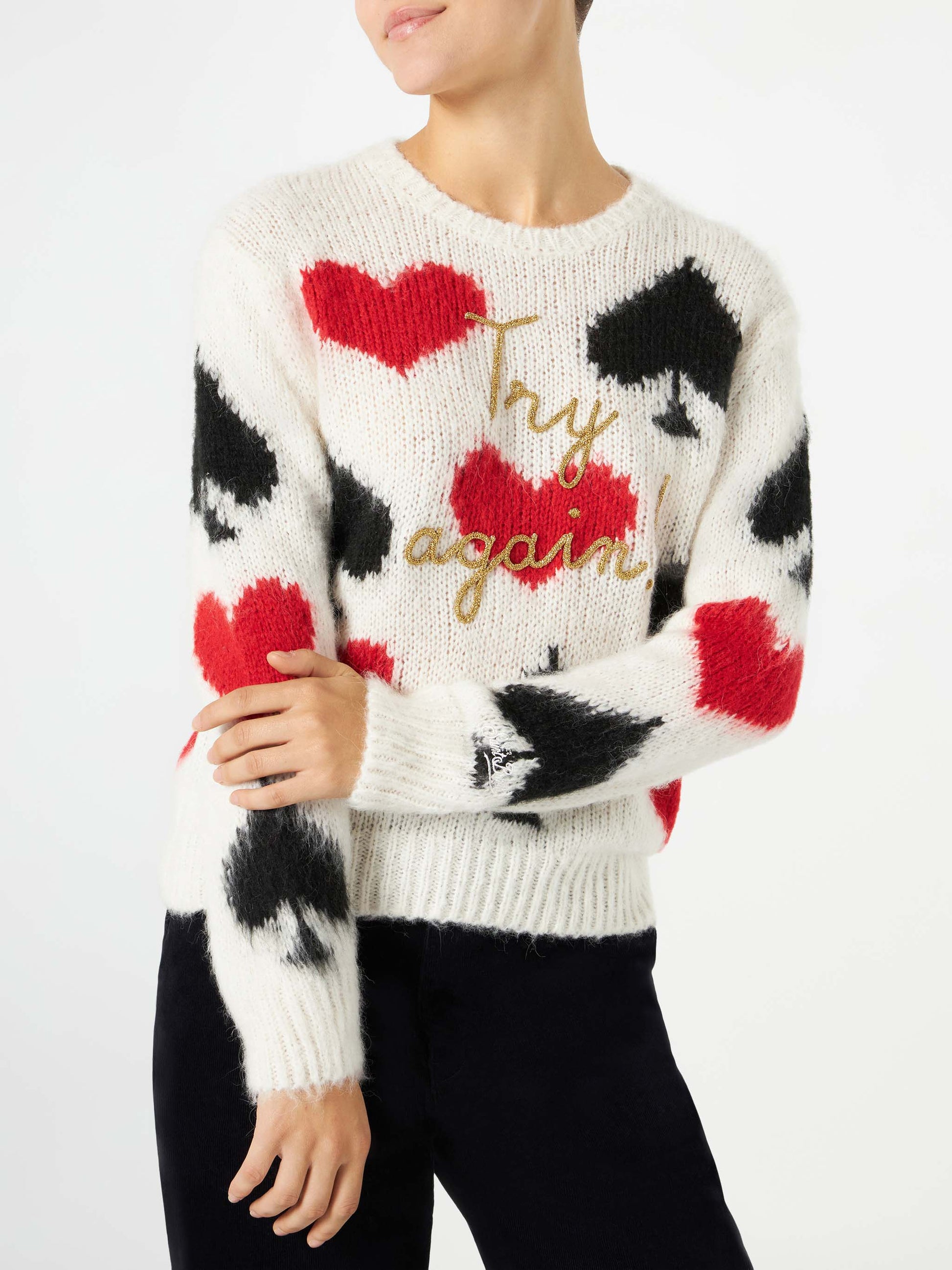 Woman brushed sweater with spades and hearts embroidery - MC2 Saint Barth