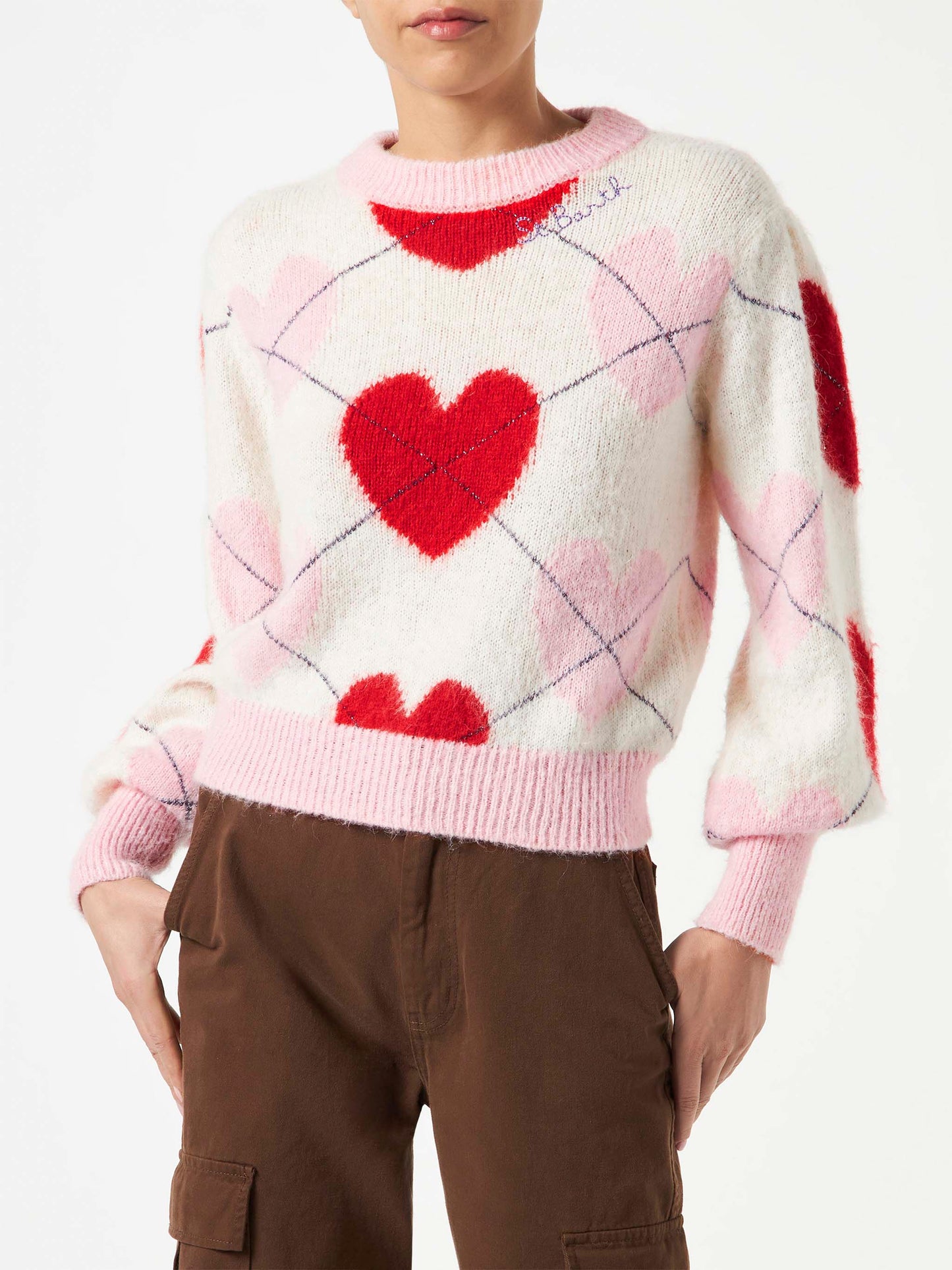Woman brushed striped sweater with heart pattern - MC2 Saint Barth