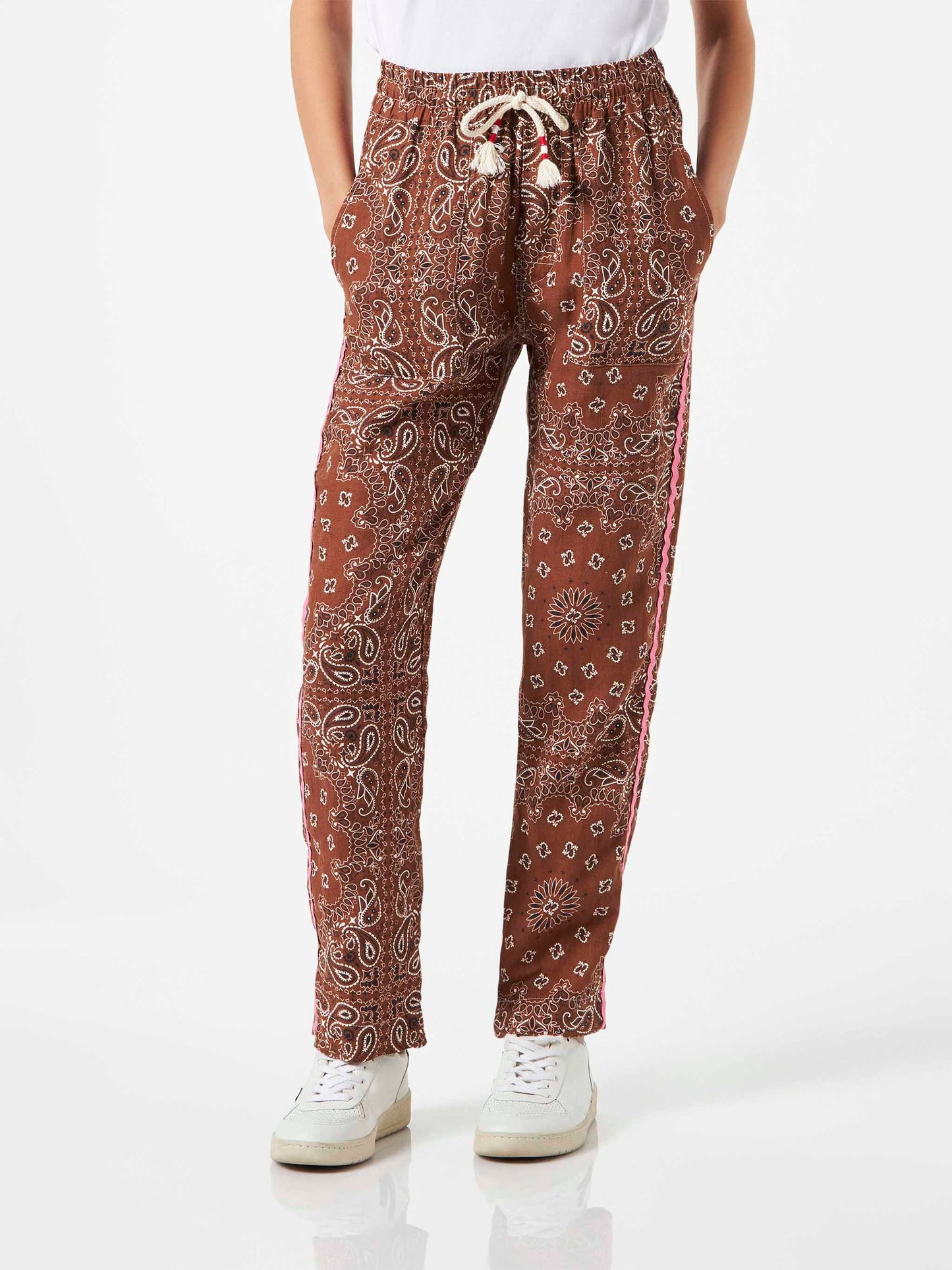 Woman linen pants with brown bandanna print - MC2 Saint Barth