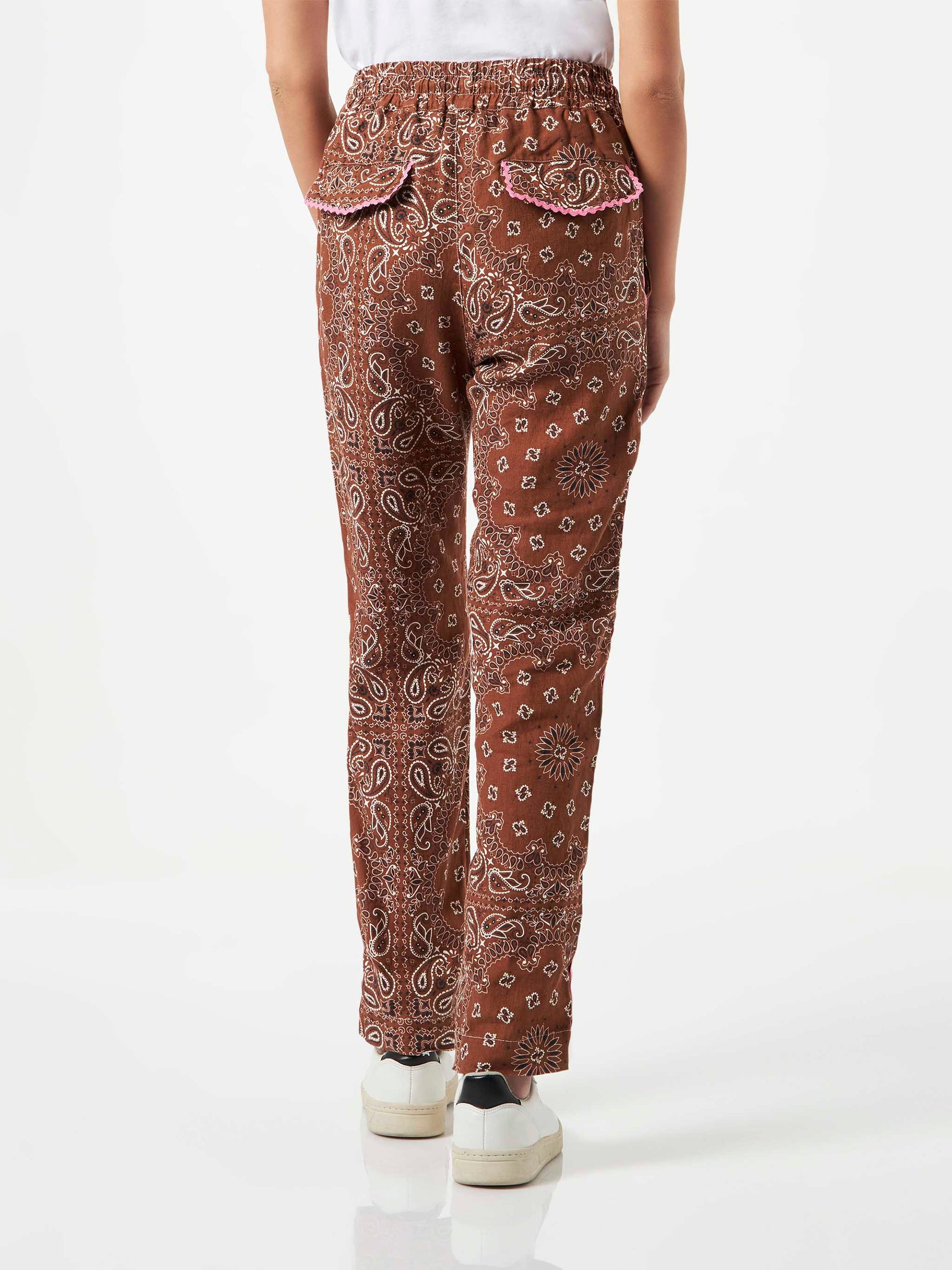 Woman linen pants with brown bandanna print - MC2 Saint Barth