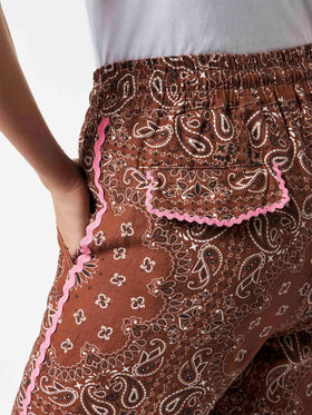 Woman linen pants with brown bandanna print - MC2 Saint Barth