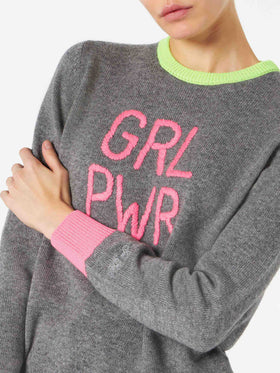 Woman grey sweater GIRL PWR fluo embroidery and fluo details - MC2 Saint Barth