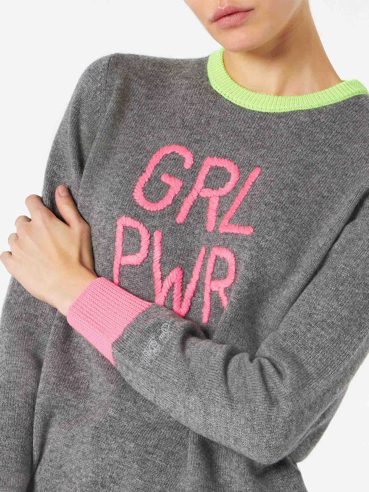 Woman grey sweater GIRL PWR fluo embroidery and fluo details - MC2 Saint Barth