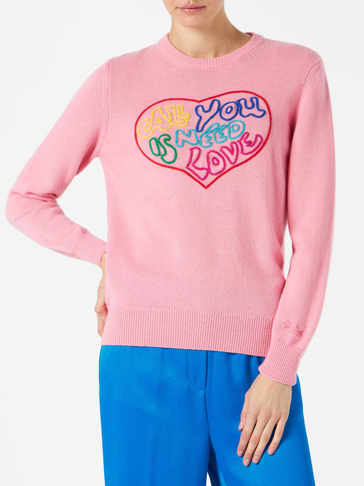 Woman pink sweater All you need is love embroidery - MC2 Saint Barth