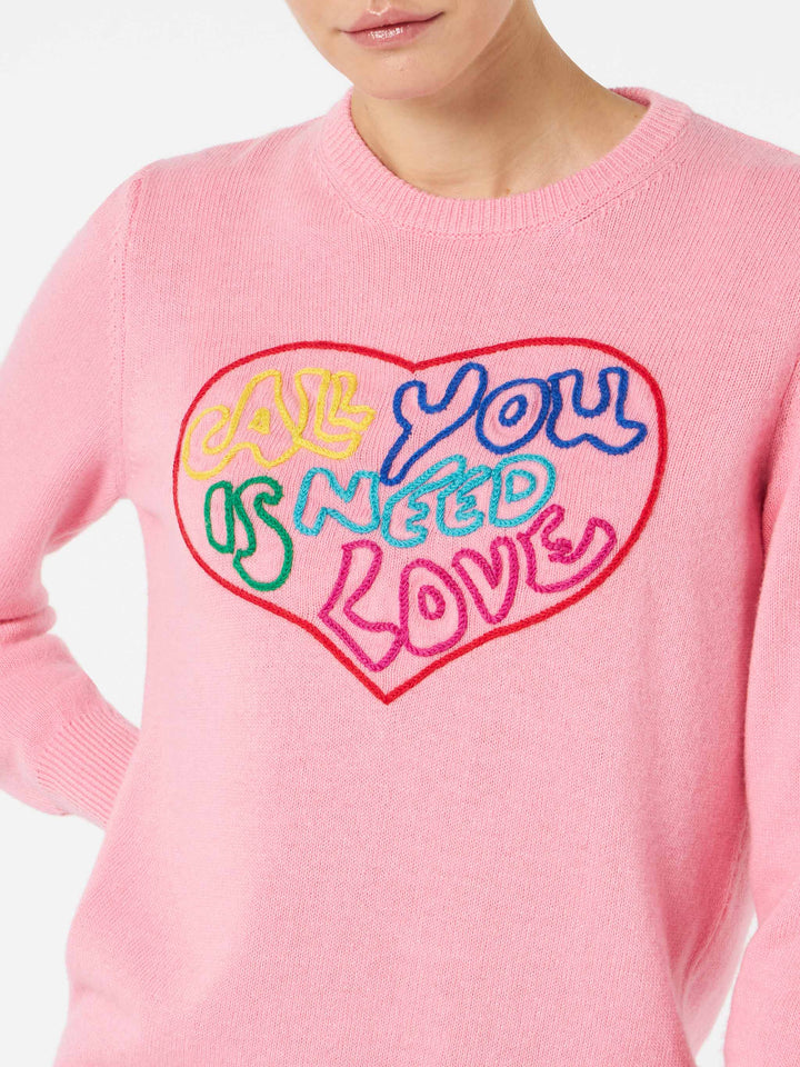 Woman pink sweater All you need is love embroidery - MC2 Saint Barth